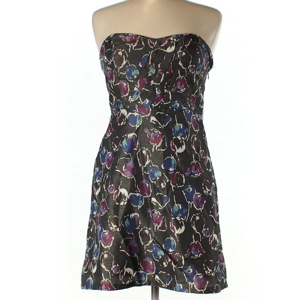American Eagle blue purple print floral metallic strapless party dress
